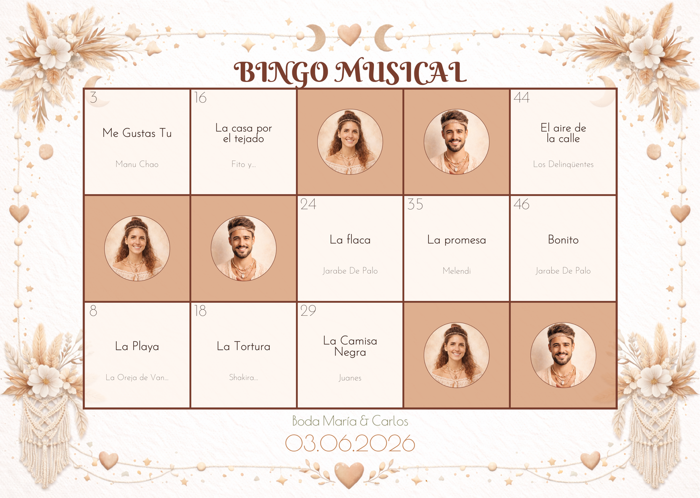 Vista previa de cartón de bingo musical para bodas estilo Boho