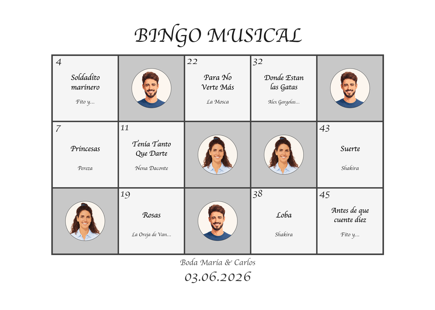 Vista previa de cartón de bingo musical para bodas estilo El Original