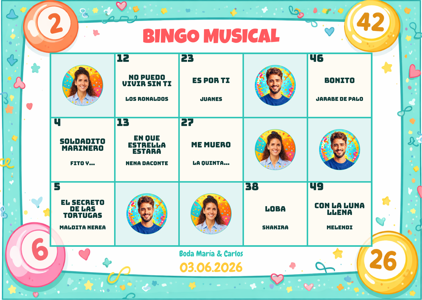 Vista previa de cartón de bingo musical para bodas estilo Divertido
