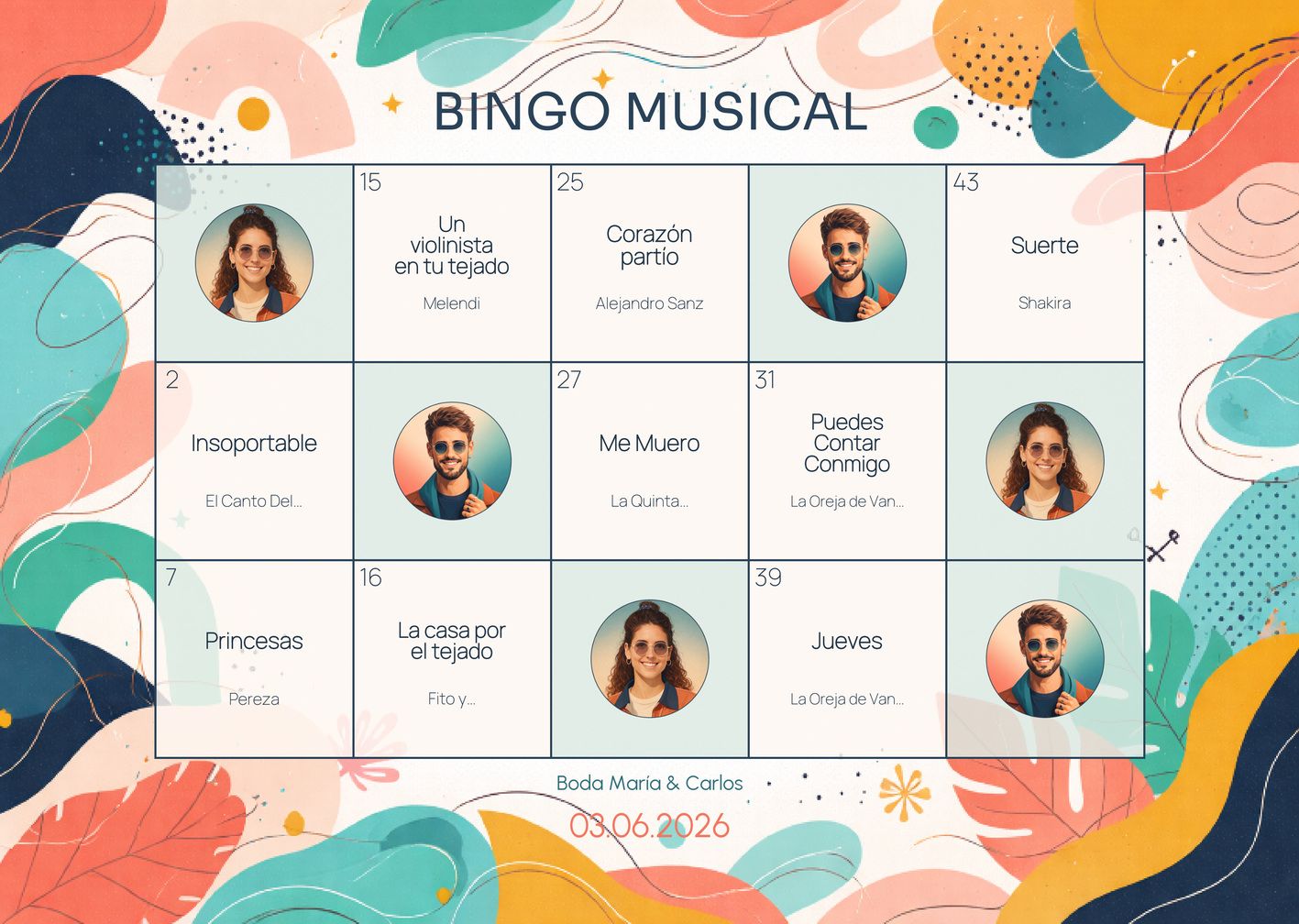 Vista previa de cartón de bingo musical para bodas estilo Moderno