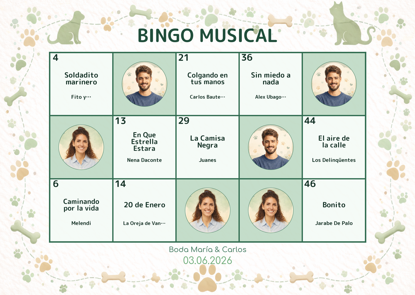 Vista previa de cartón de bingo musical para bodas estilo Pet friendly