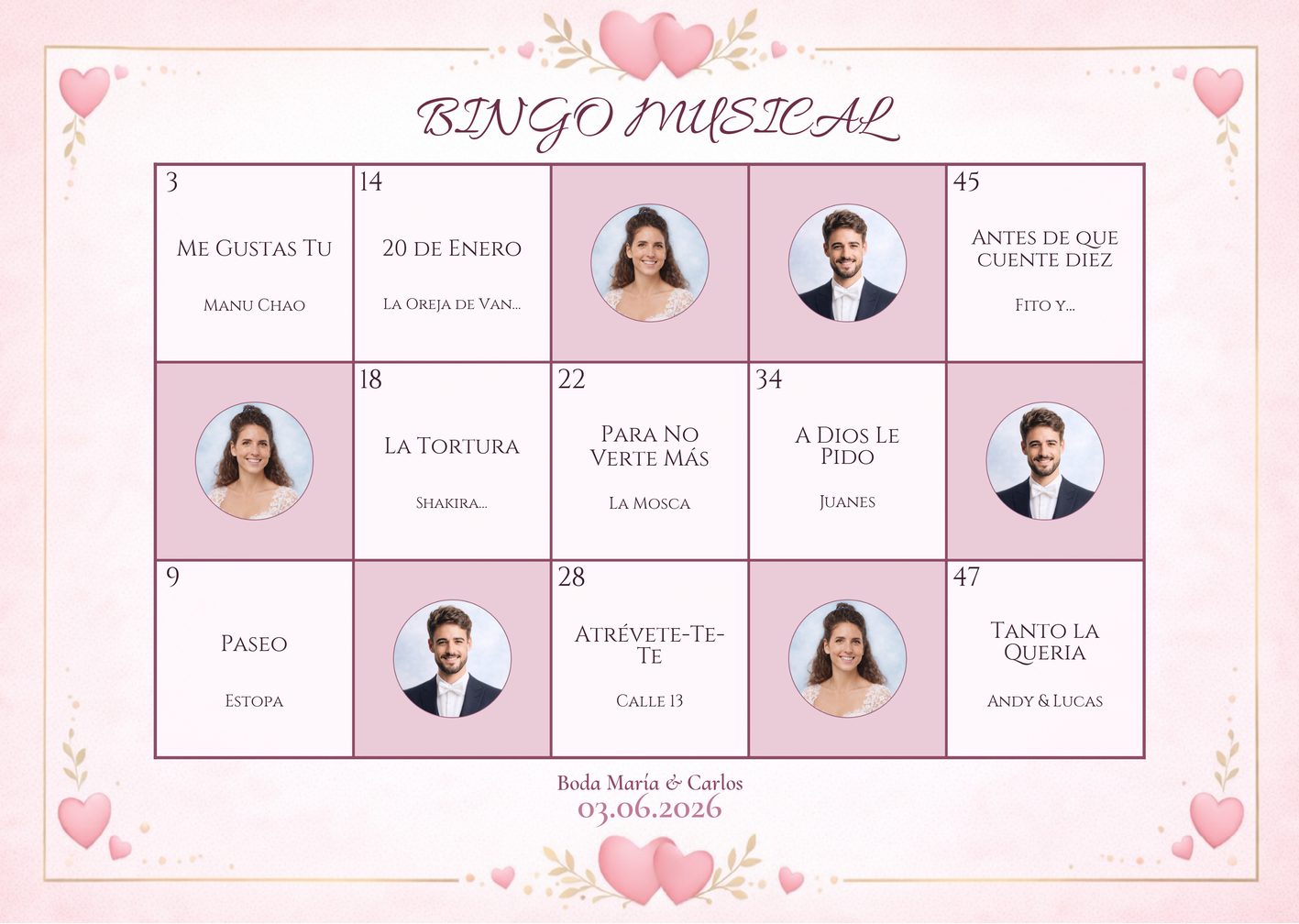 Vista previa de cartón de bingo musical para bodas estilo Romántico