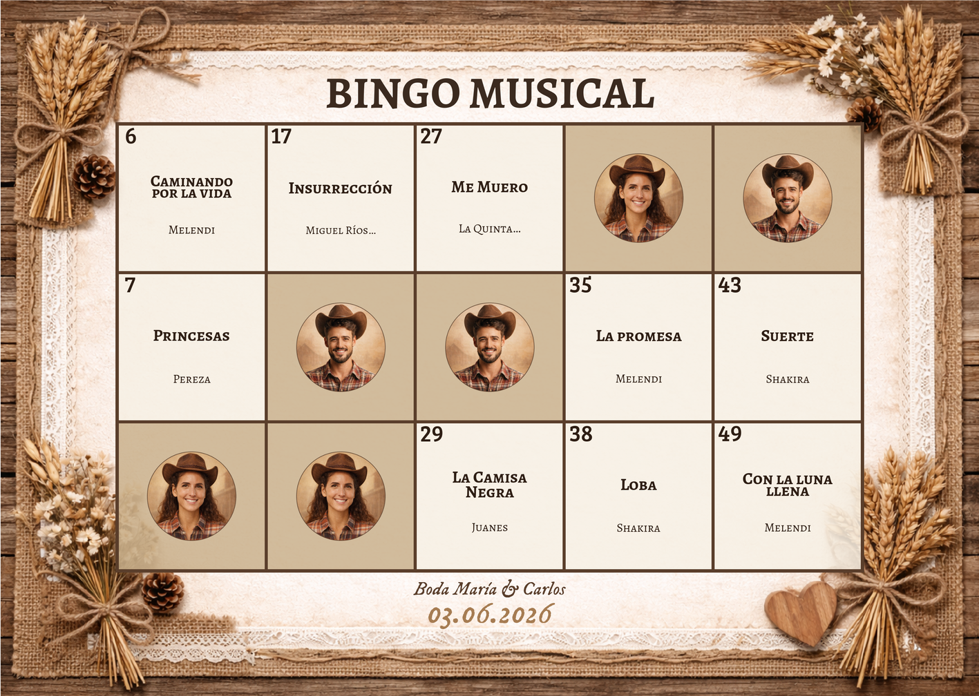 Vista previa de cartón de bingo musical para bodas estilo Rústico